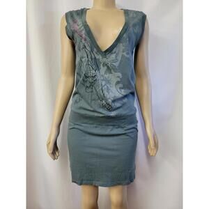 DRIFTER Blue Deep V-neck Graphic Jumper Women's Modern Mini Dress Size L #C7